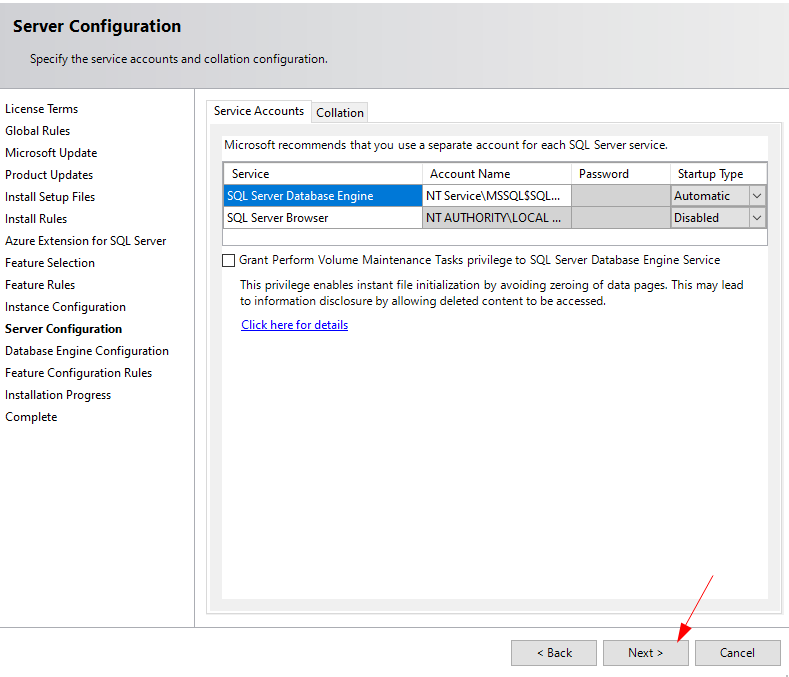 Server Configuration → Next