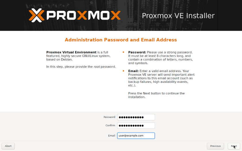 Administration Password and Email Address