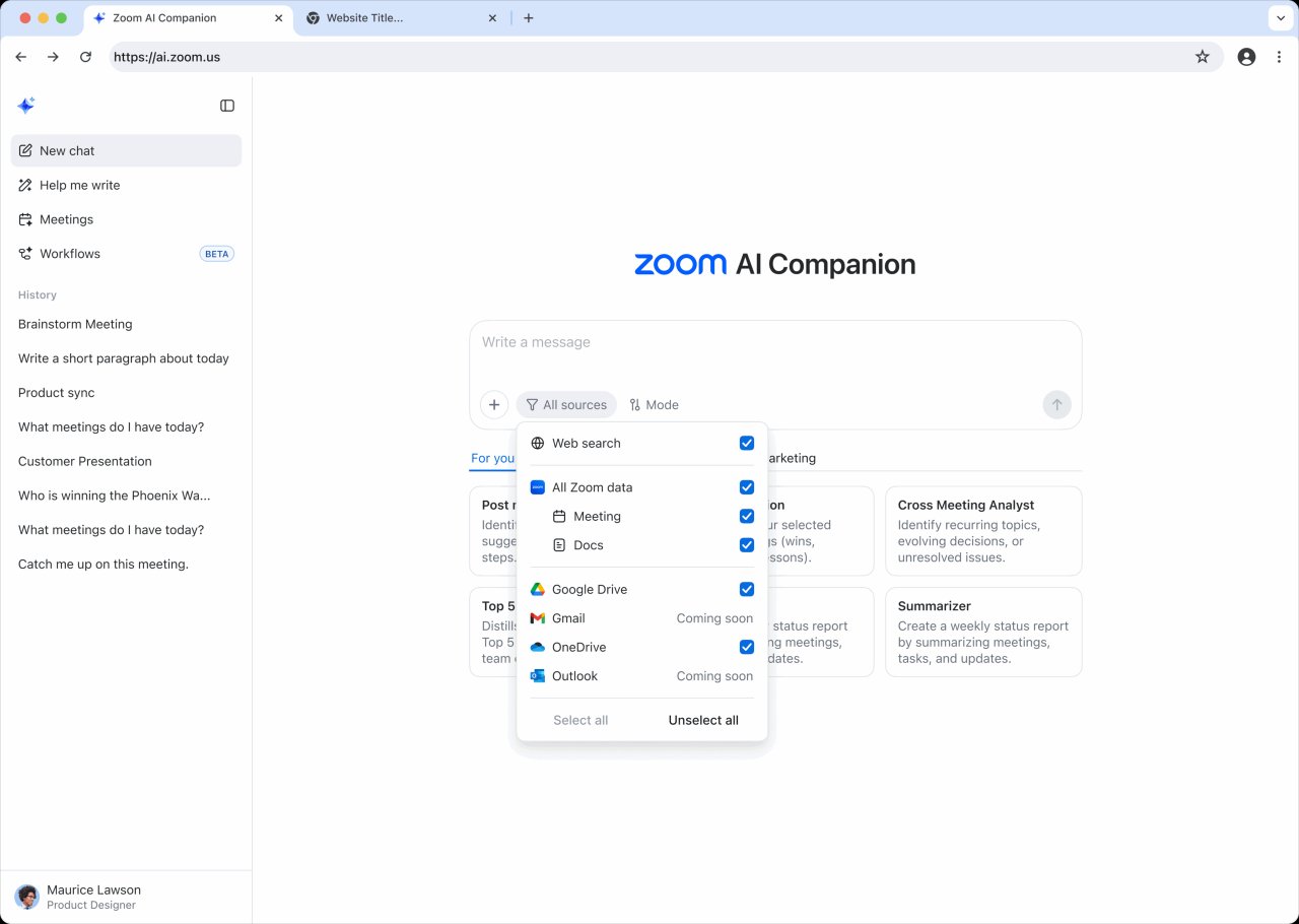 pilihan sumber pencarian di Zoom AI Companion