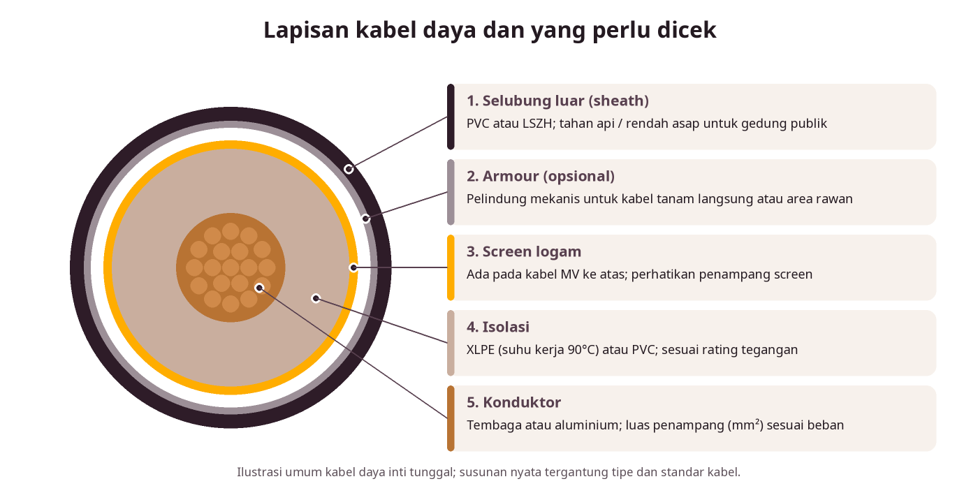 Penampang kabel daya: konduktor, isolasi XLPE atau PVC, screen logam, armour, dan selubung luar
