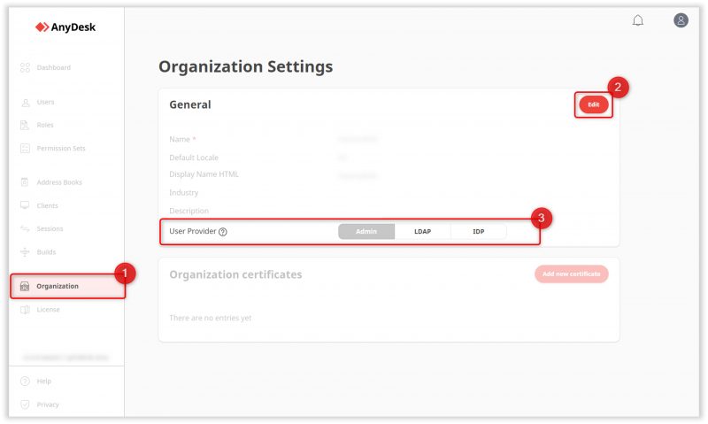 Pengaturan organisasi di my.anydesk