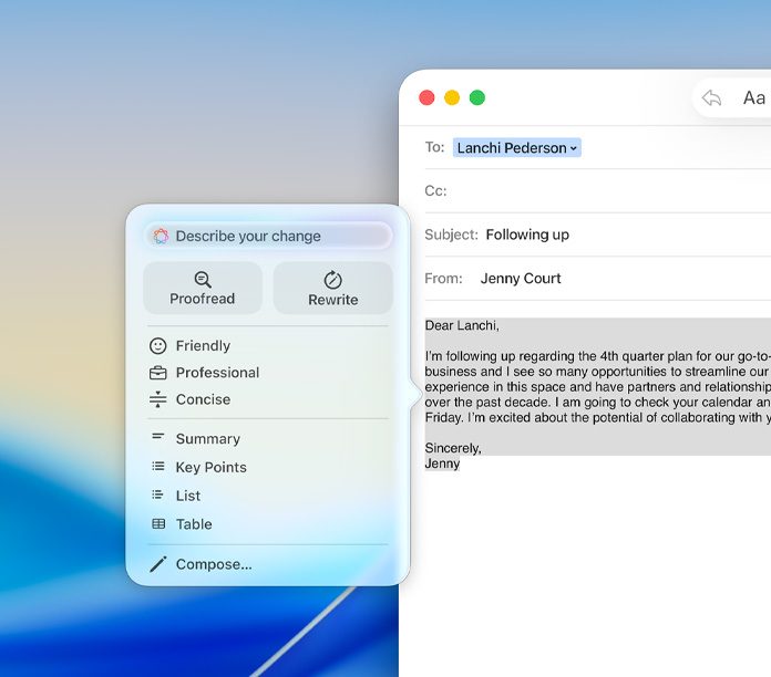Writing Tools Apple Intelligence di aplikasi Mail