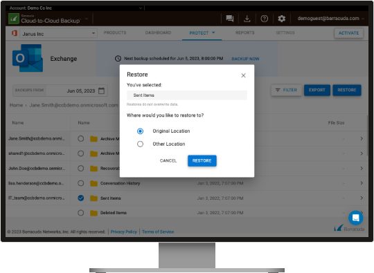 Pemulihan data Exchange di Cloud-to-Cloud Backup