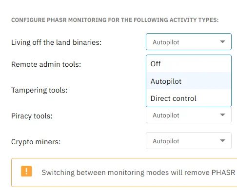 Pengaturan mode Autopilot di GravityZone PHASR
