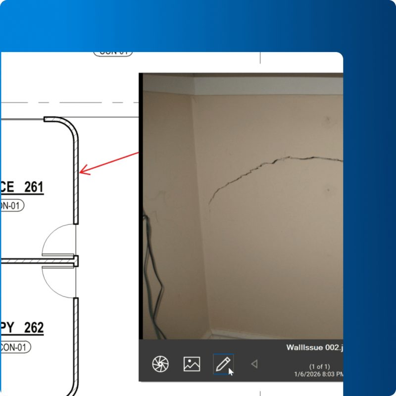 Punch item dengan foto kerusakan dinding di Bluebeam