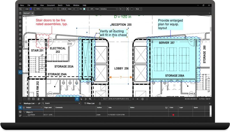 Bluebeam Revu di laptop dengan markup gambar kerja