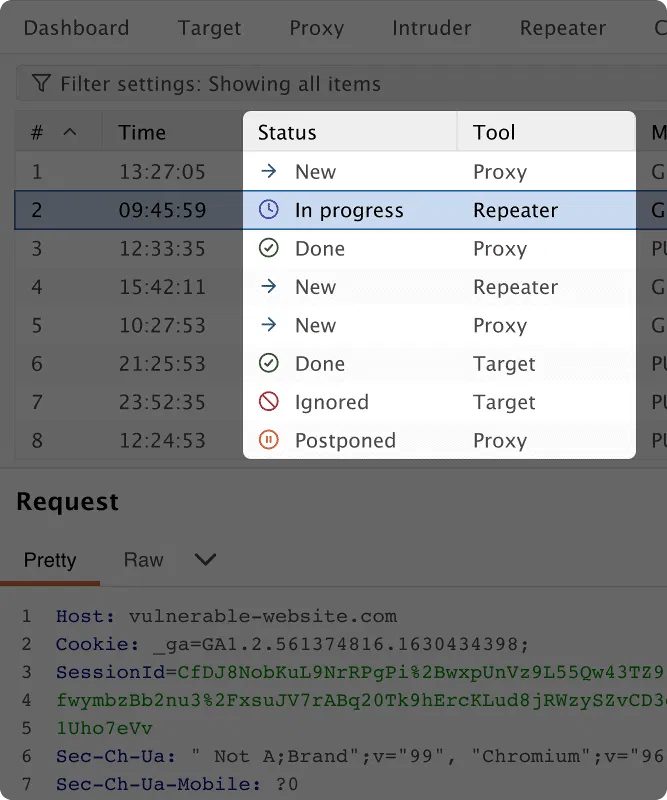 Burp Organizer untuk mencatat status pengujian