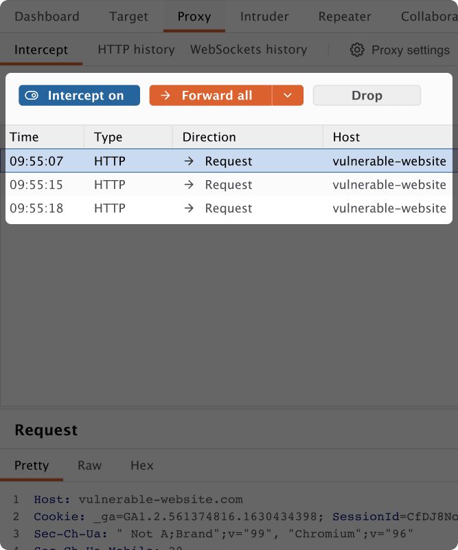 Burp Proxy mencegat lalu lintas HTTP