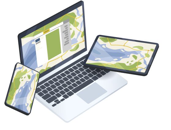 Aplikasi CarryMap di ponsel, tablet, dan laptop