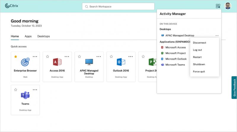 Tampilan Citrix Workspace dengan aplikasi dan desktop virtual
