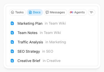 Daftar dokumen dan wiki di ClickUp