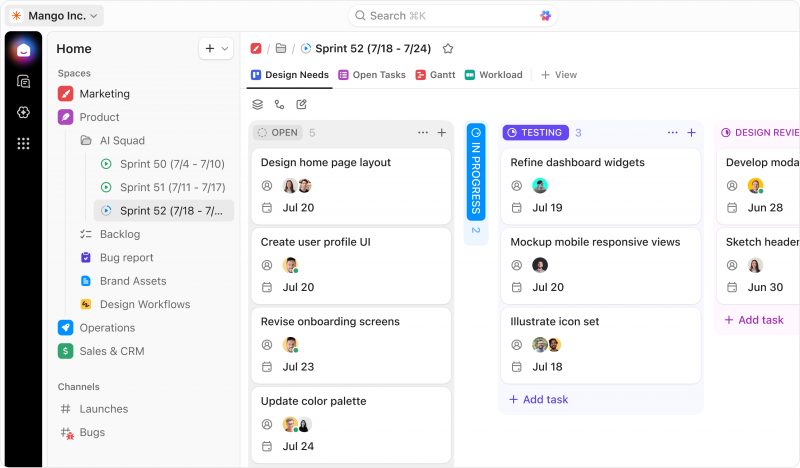 Tampilan board sprint di ClickUp