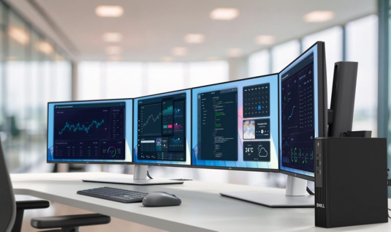 Desktop mungil Dell Pro 5 Micro dengan beberapa monitor