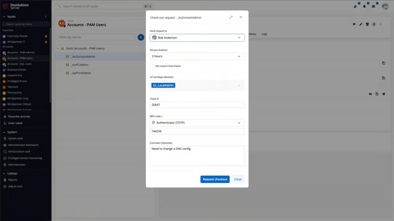 Permintaan checkout akun PAM di Devolutions
