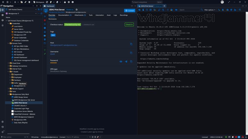 Sesi SSH dengan kredensial terinjeksi di RDM