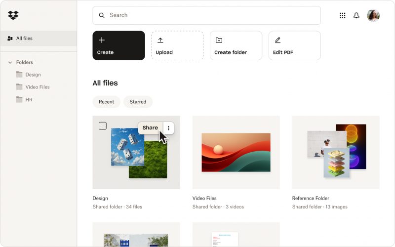 Tampilan file dan folder di Dropbox