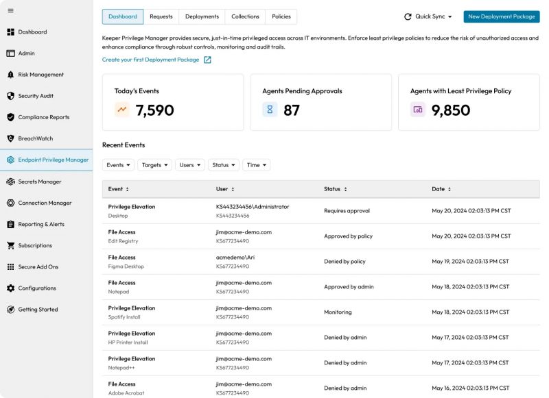 Permintaan elevasi hak akses di Keeper Endpoint Privilege Manager