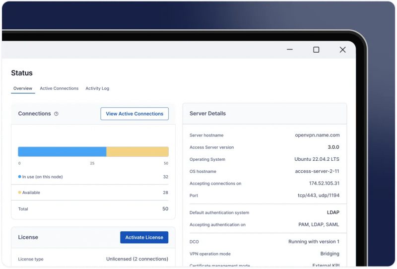 Halaman status Admin Web UI Access Server