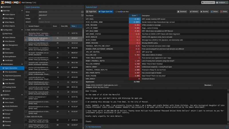 Spam quarantine Proxmox Mail Gateway