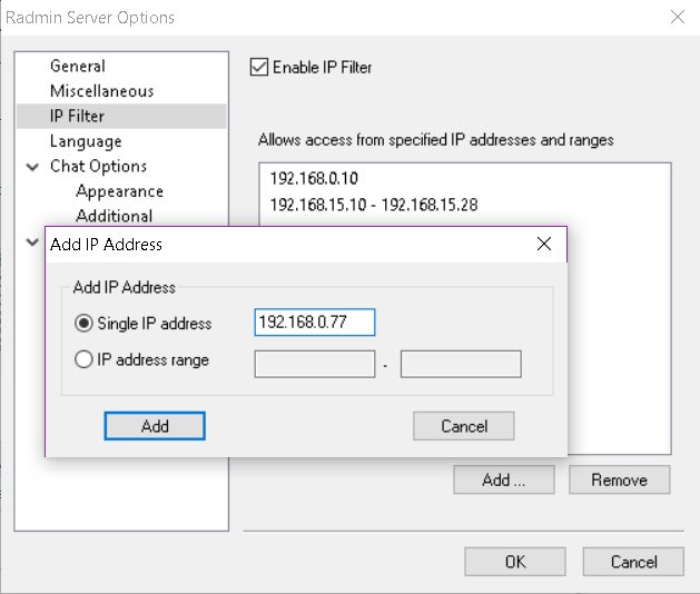 Pengaturan IP Filter di Radmin Server