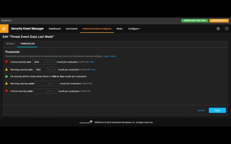 Pengaturan threshold di SolarWinds Security Event Manager