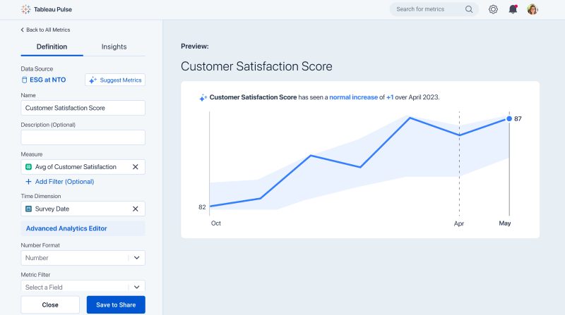 Definisi metrik Customer Satisfaction Score di Tableau Pulse