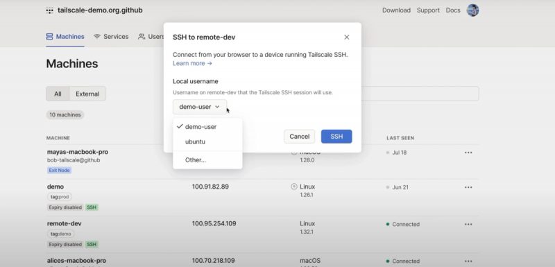 Daftar mesin di admin console Tailscale
