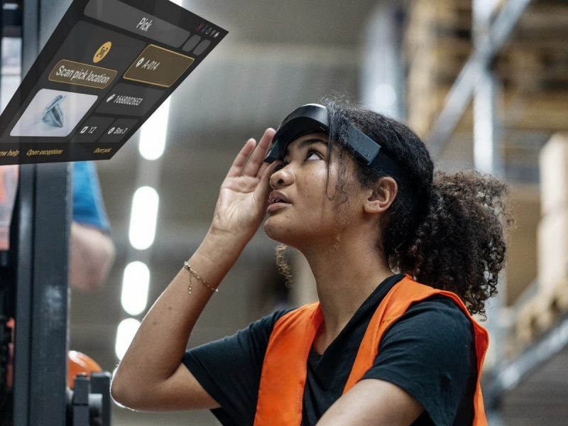 Pekerja gudang memakai kacamata pintar TeamViewer Frontline