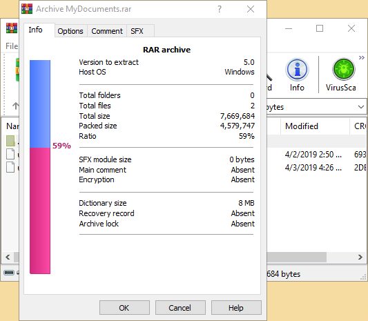 Informasi status kompresi arsip di WinRAR