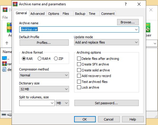 Jendela pembuatan arsip RAR di WinRAR