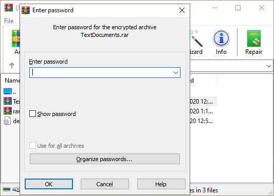 Dialog kata sandi arsip terenkripsi WinRAR