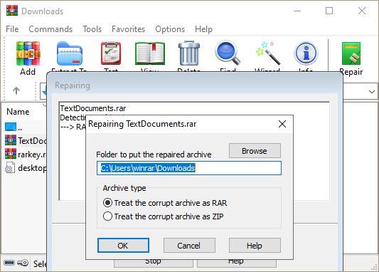 Fitur perbaikan arsip WinRAR