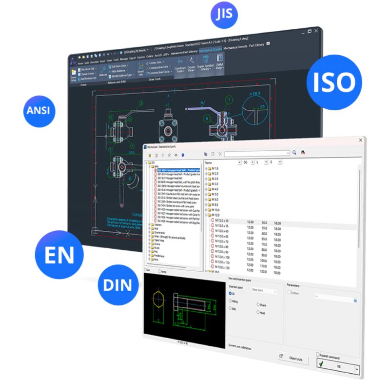 Library part standar ISO, EN, DIN, dan JIS di ZWCAD MFG