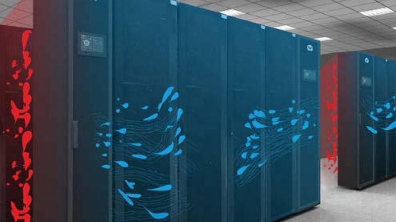 Deretan rak dan pendingin in-row di data center